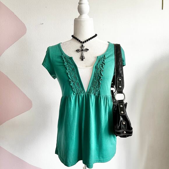 Y2K Green Babydoll Top, Coquette Cottagecore Soft‎ Girl Whimsical Small - Picture 1 of 6